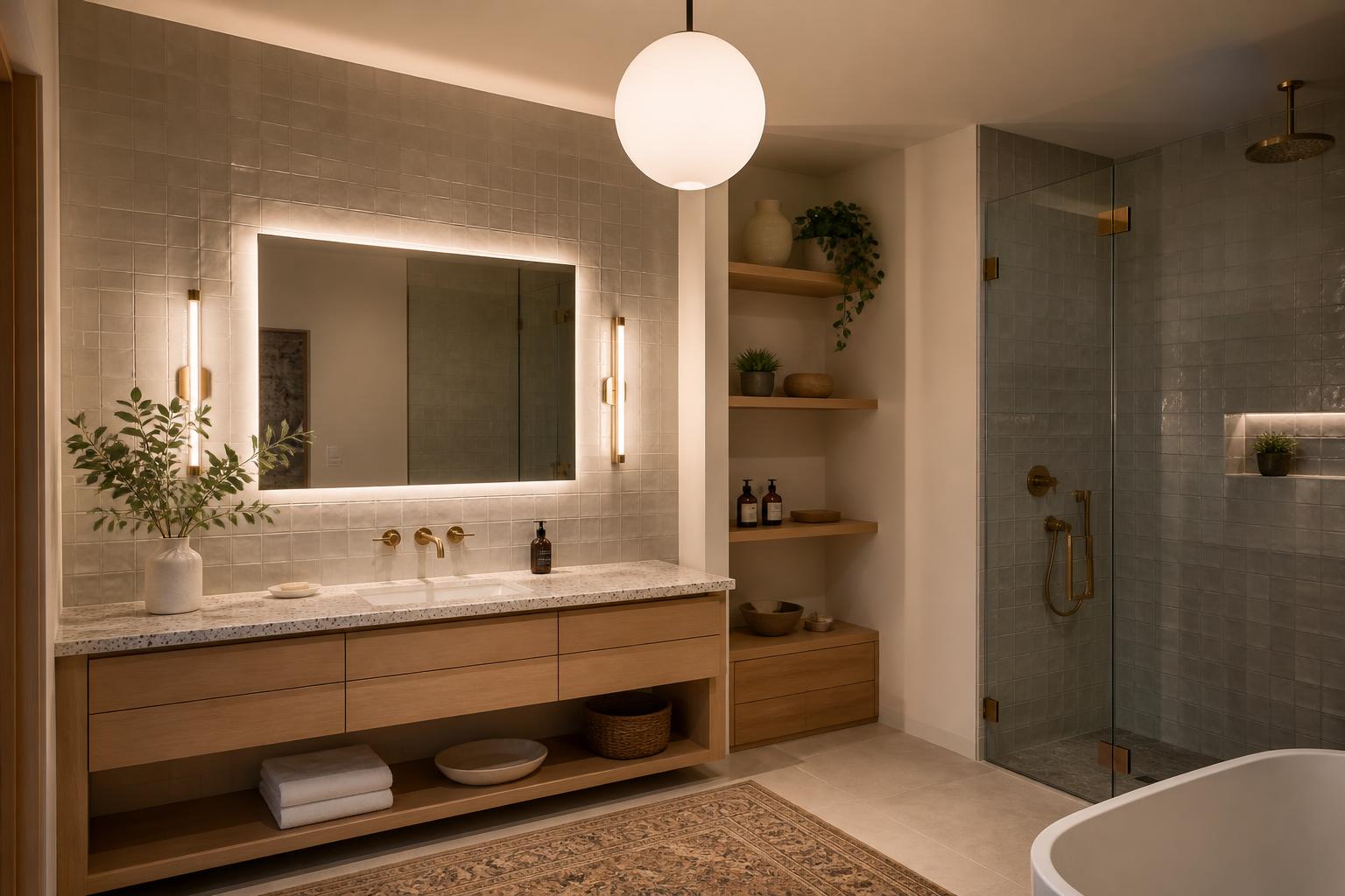 Salle de bain design avec plafonnier et appliques miroir laiton terrazzo