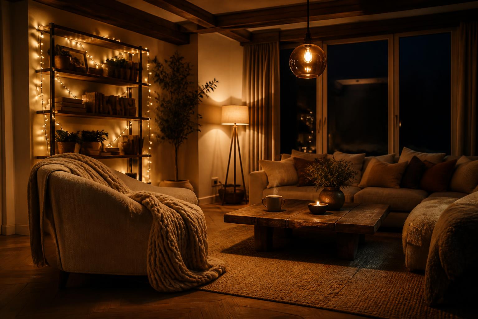 Salon cosy soir plusieurs sources lumineuses ambiance cocooning refuge