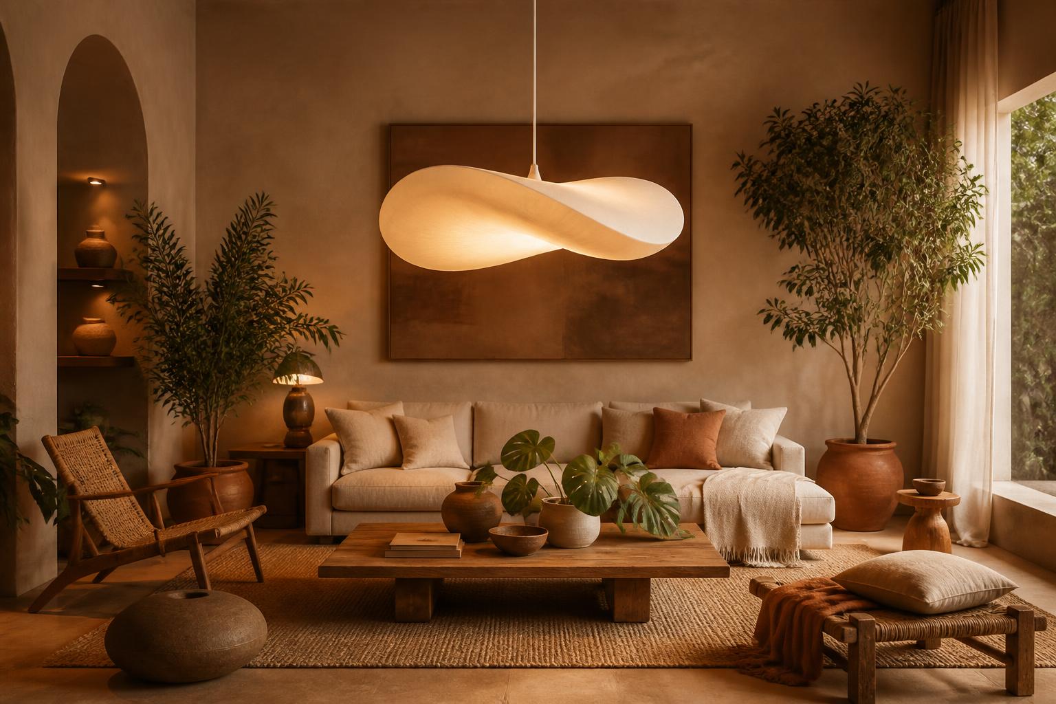 Salon design suspension luminaire chaleureux plantes vertes ambiance magazine éclairage