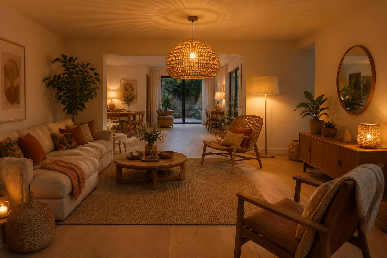 Salon chaleureux bien éclairé matières naturelles bois rotin lumière dorée 2700K