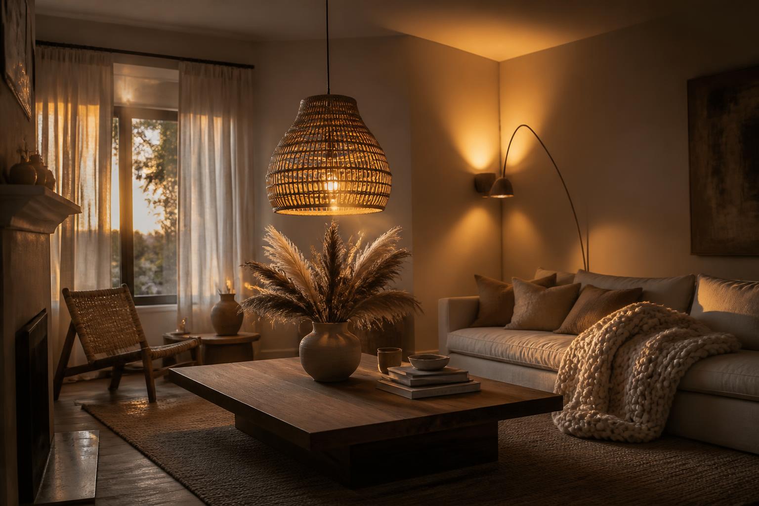 Salon cosy avec trois sources lumineuses chaudes pour ambiances multiples