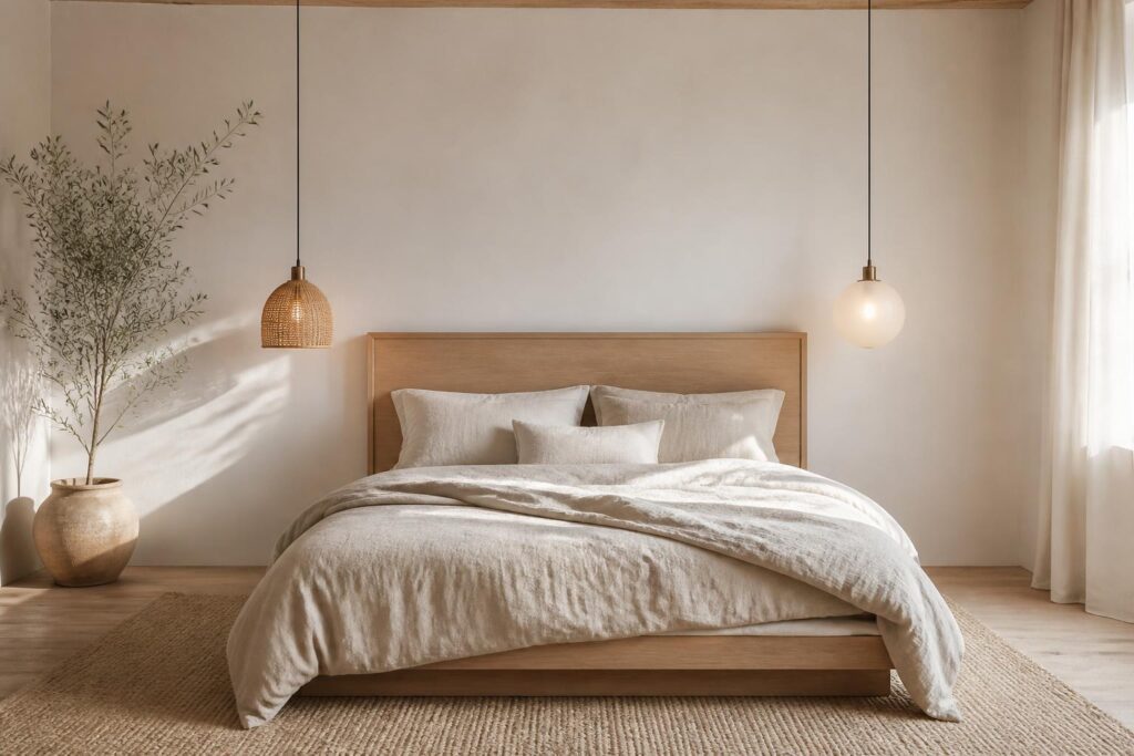 Suspension au-dessus du lit dans chambre scandinave rotin et opaline