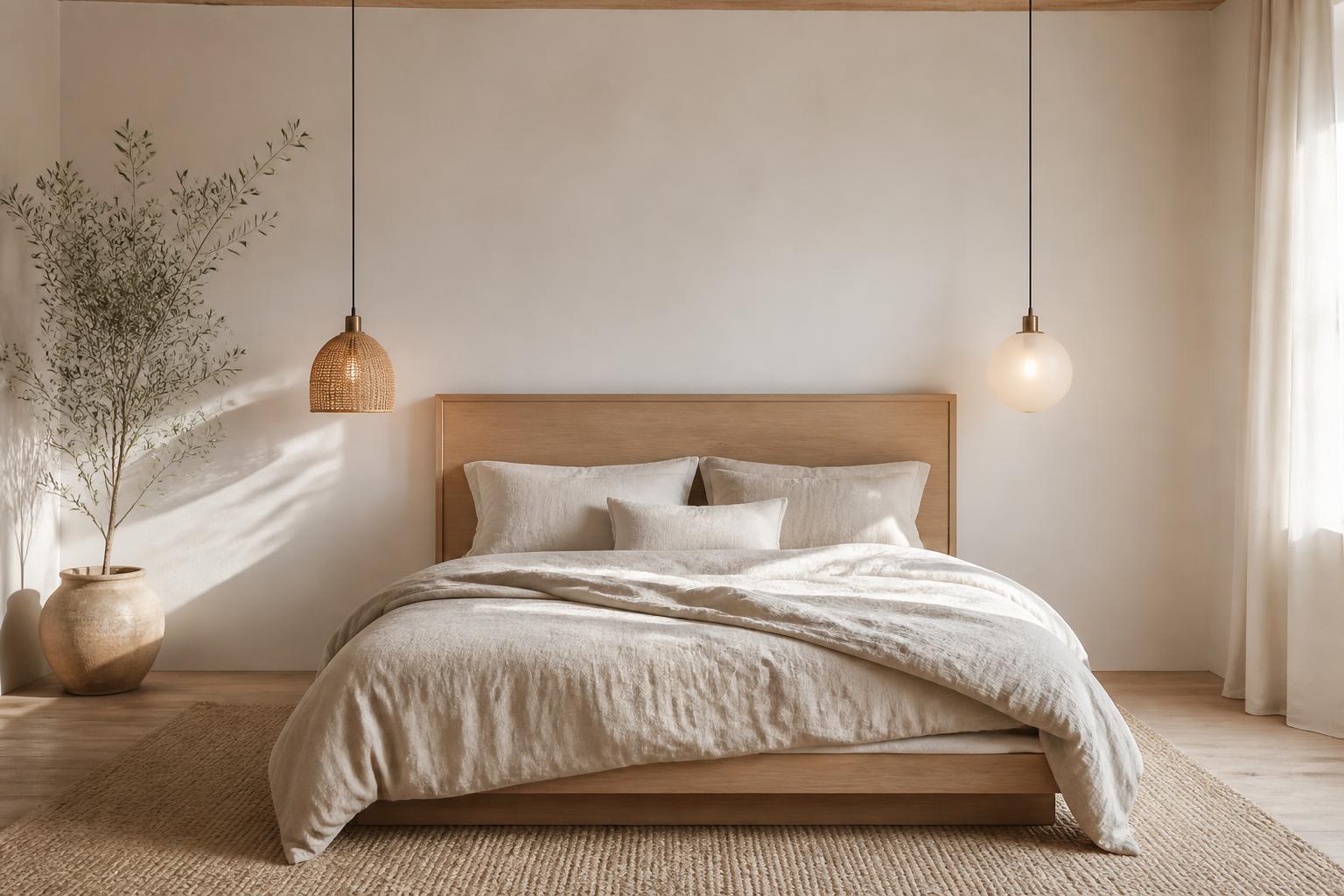 Suspension au-dessus du lit dans chambre scandinave rotin et opaline