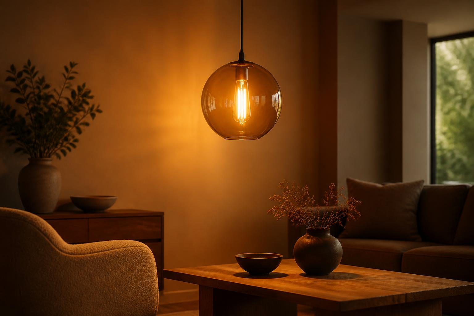 Suspension globe verre ambré lumière dorée salon cosy chaleureux