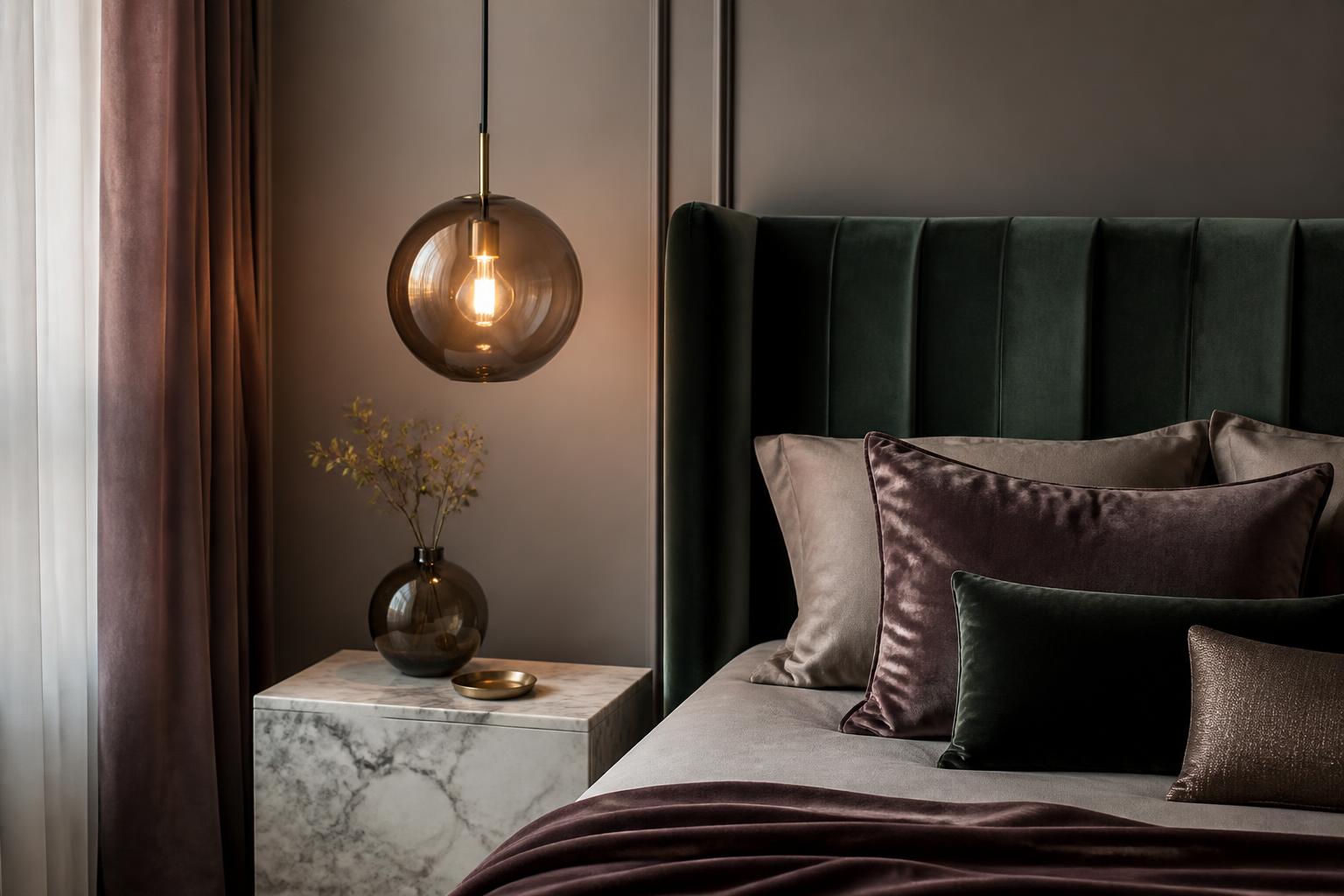 Suspension globe verre fumé chambre contemporaine apaisante velours lumière tamisée