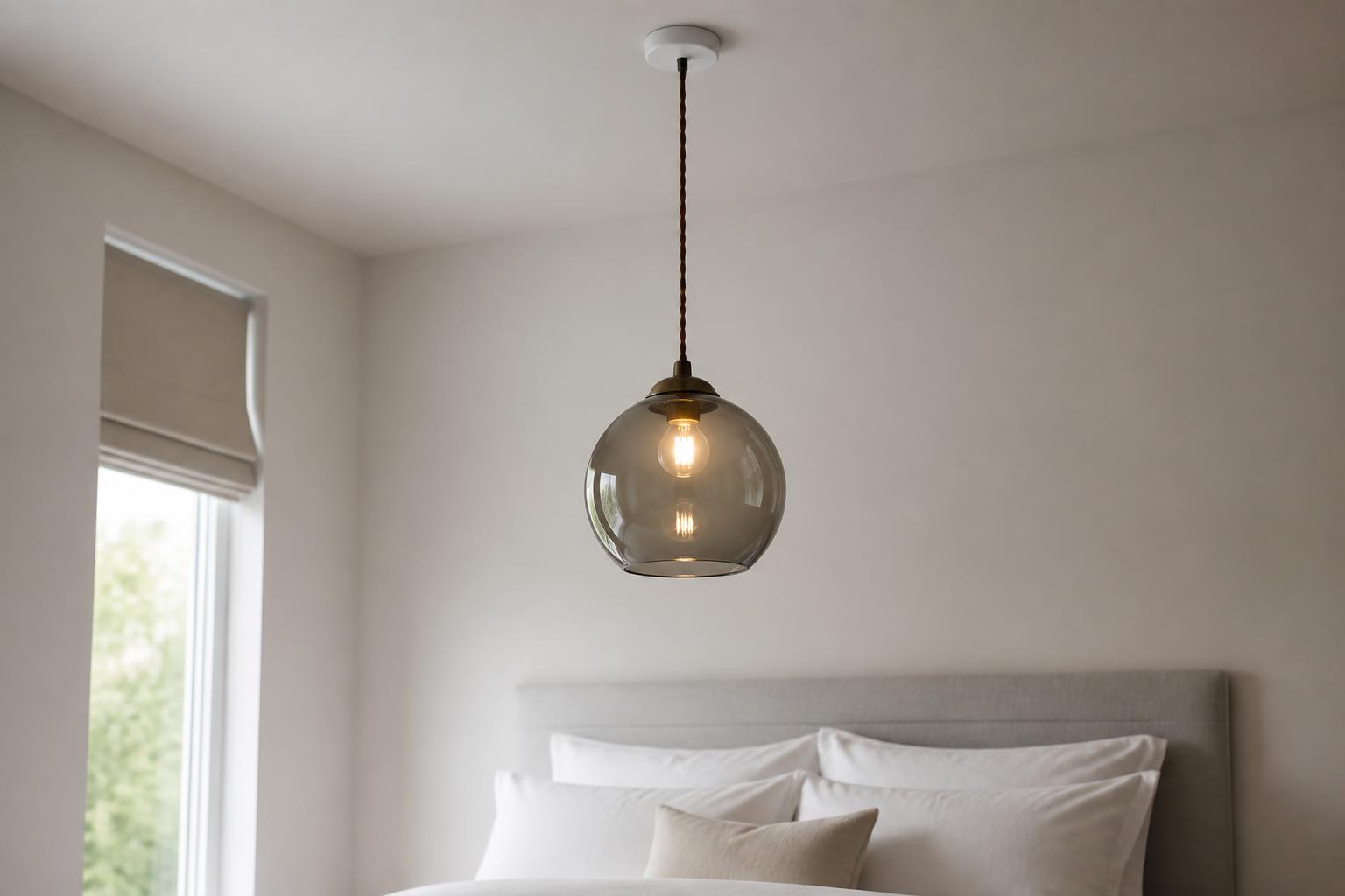 Globe en verre fumé suspendu au plafond au-dessus d'une tête de lit minimaliste