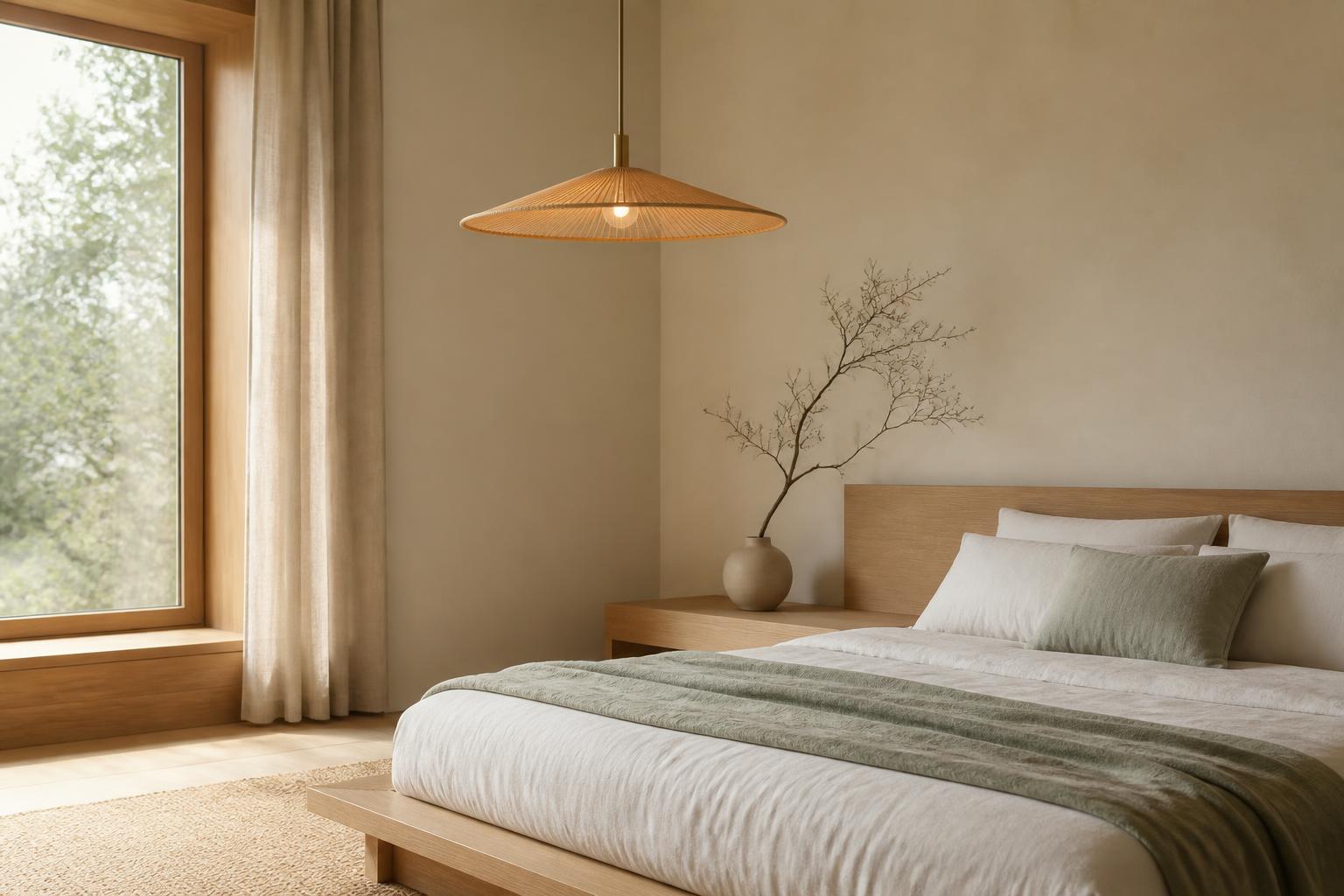 Suspension japandi bois clair laiton chambre minimaliste sérénité apaisante
