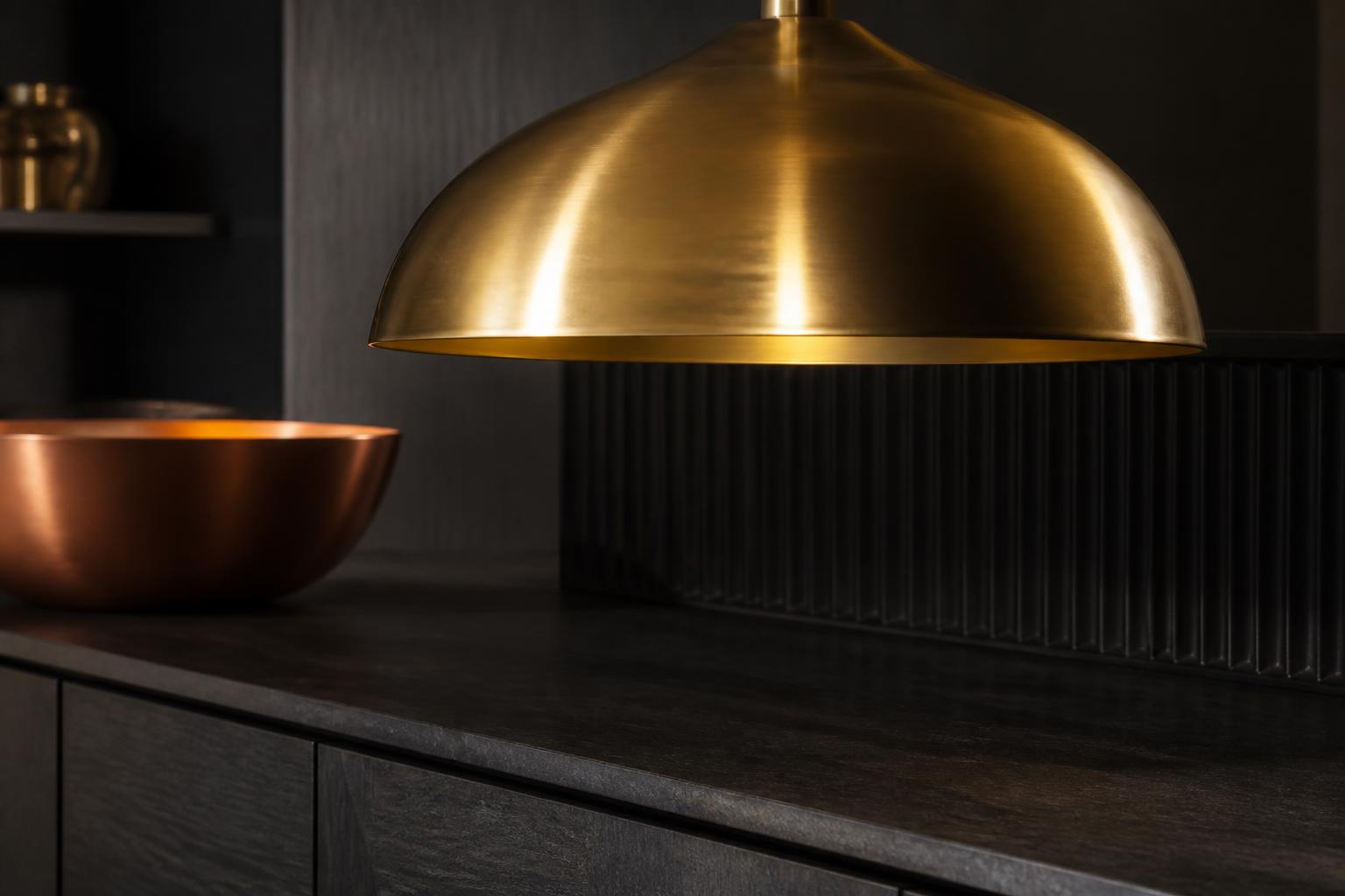 Suspension laiton brossé cuisine façades anthracite finition cuivre mat