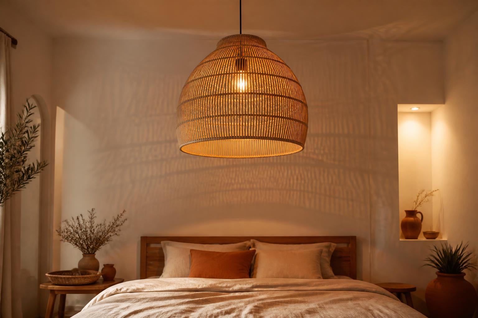 Suspension rotin naturel chambre bohème lumière chaude ambre cocooning