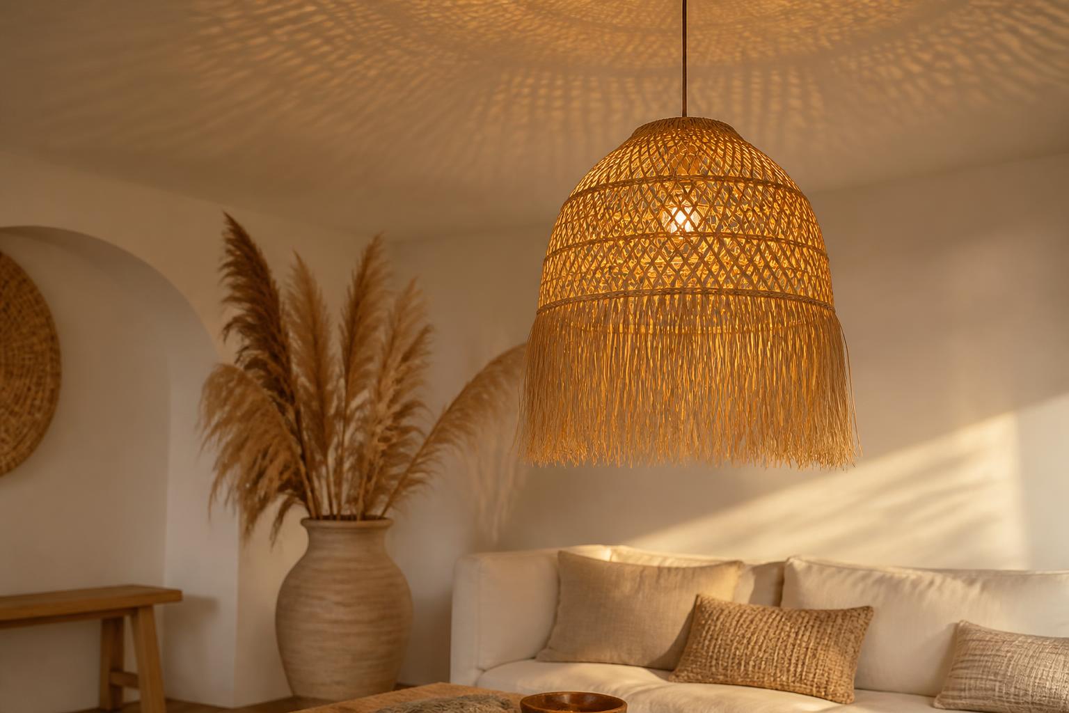 Suspension rotin osier salon lumière tamisée ambiance naturelle cosy