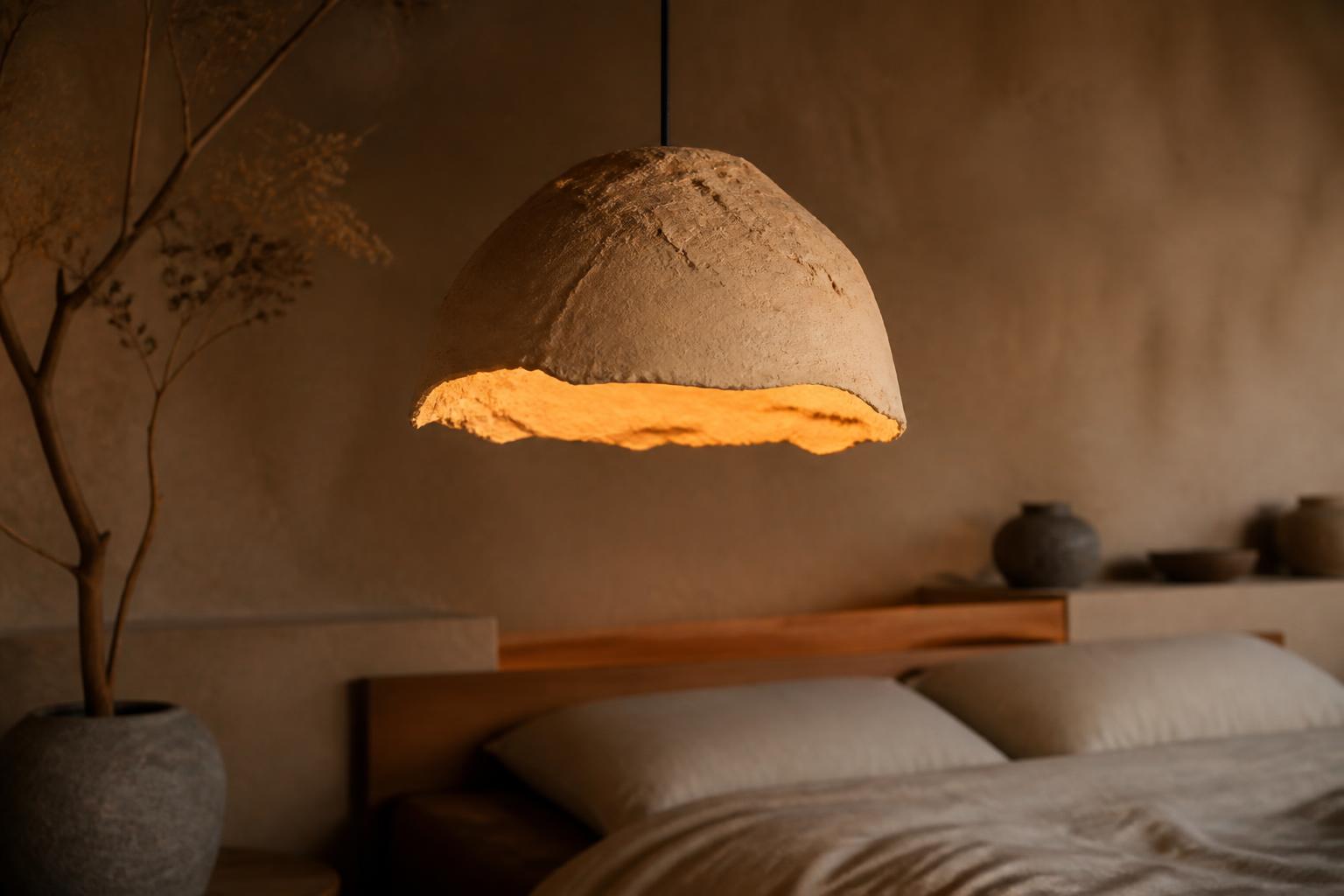 Suspension wabi-sabi matières brutes imparfaites chambre apaisante lumière ambre