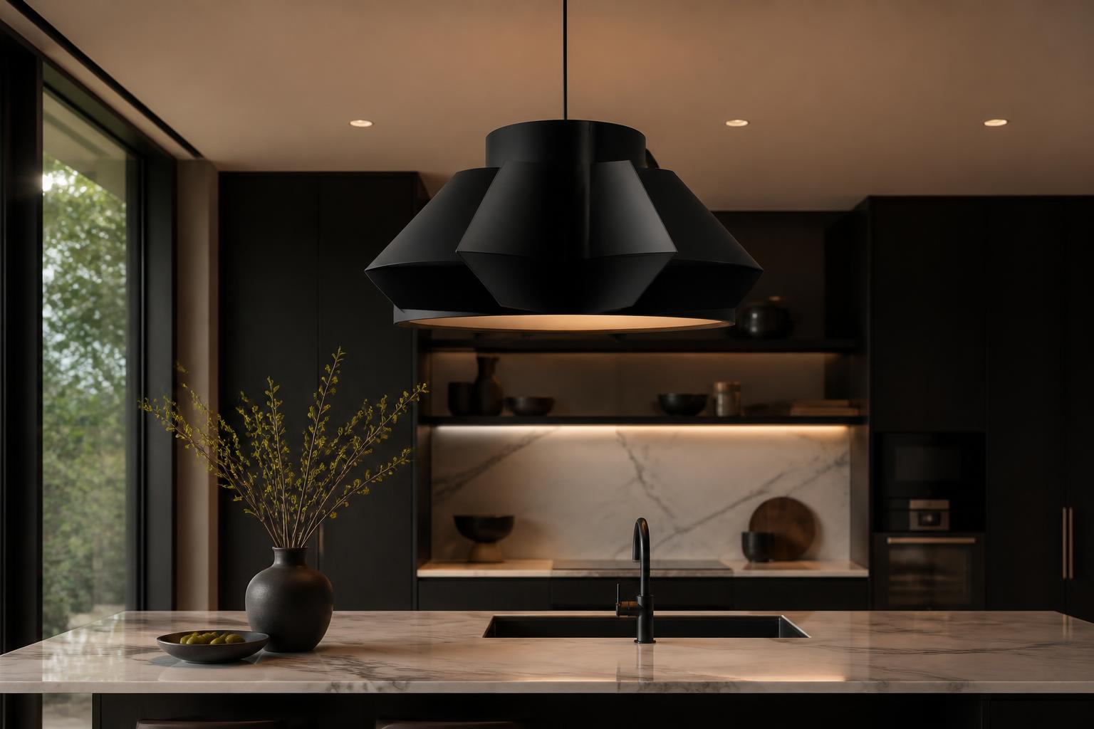 Grande suspension métal noir graphique au-dessus d'un îlot cuisine moderne