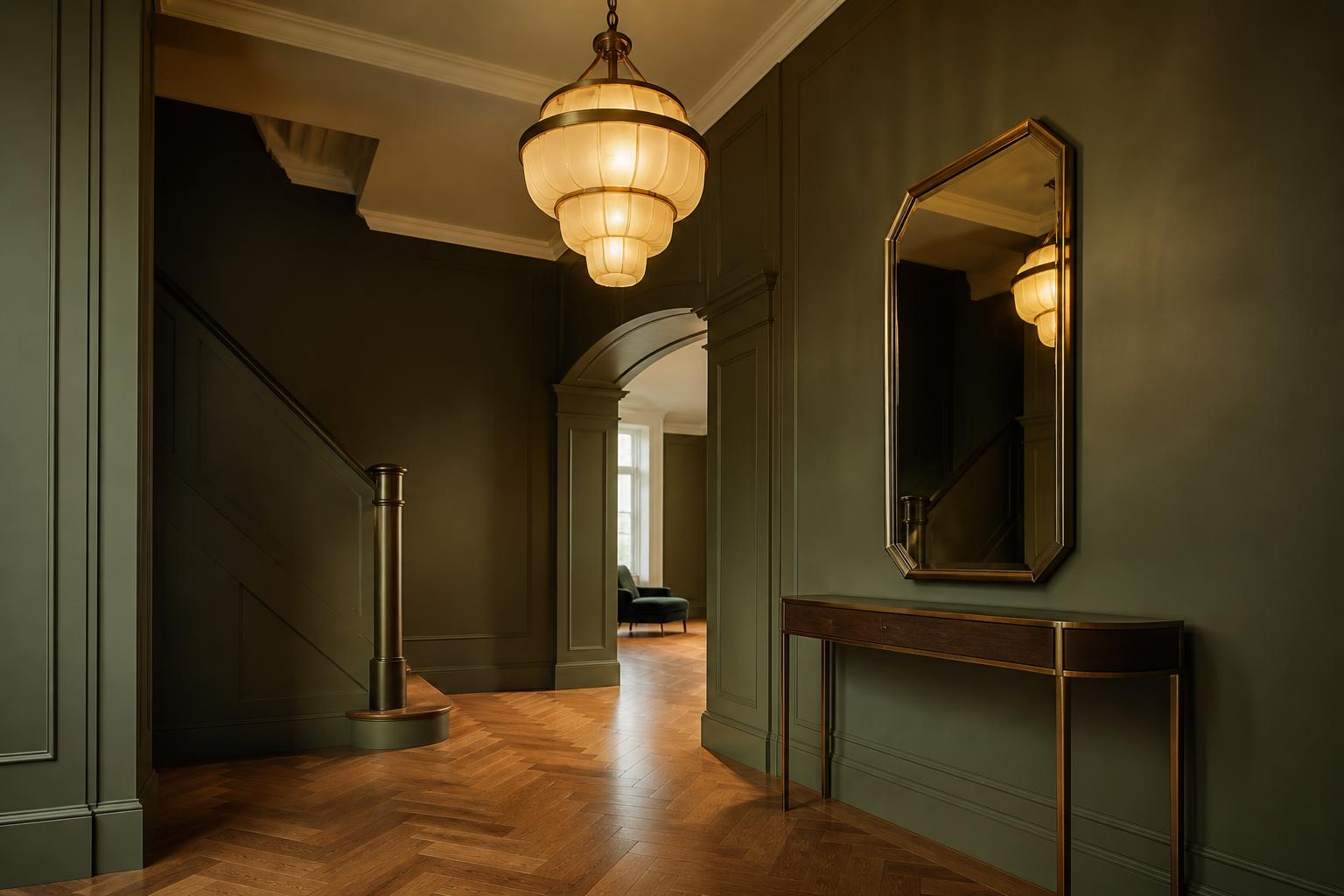 Entrée art déco suspension verre opaline mur vert sauge parquet chevrons miroir biseauté