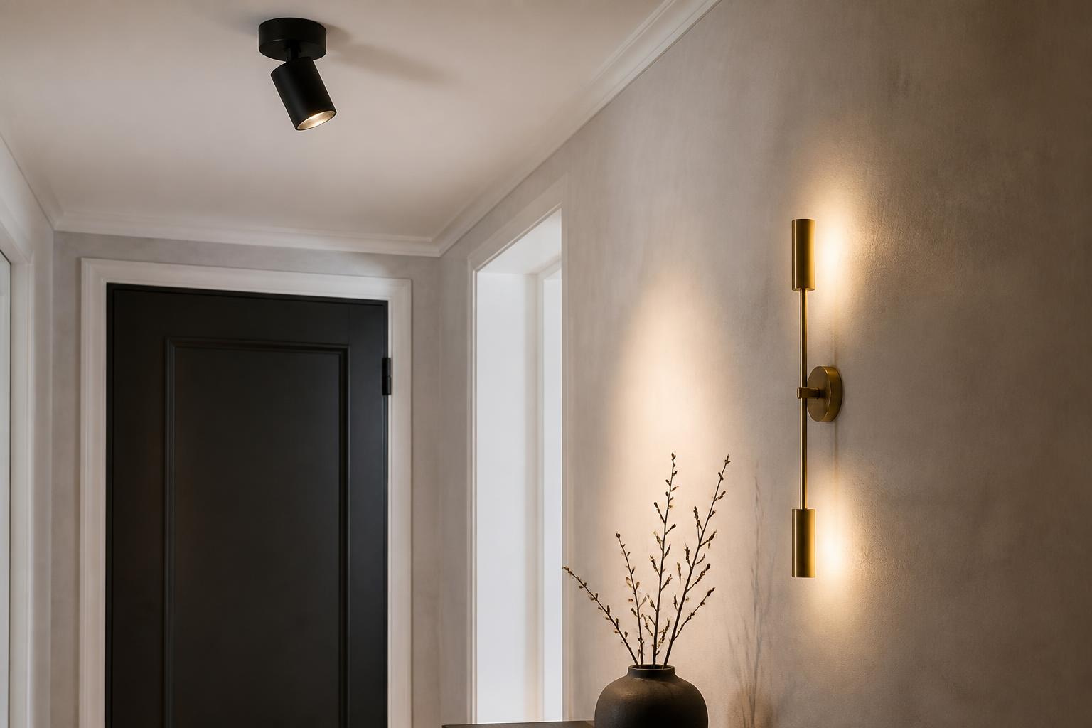 Plafonnier métal noir et applique laiton entrée petite pièce éclairage superposé